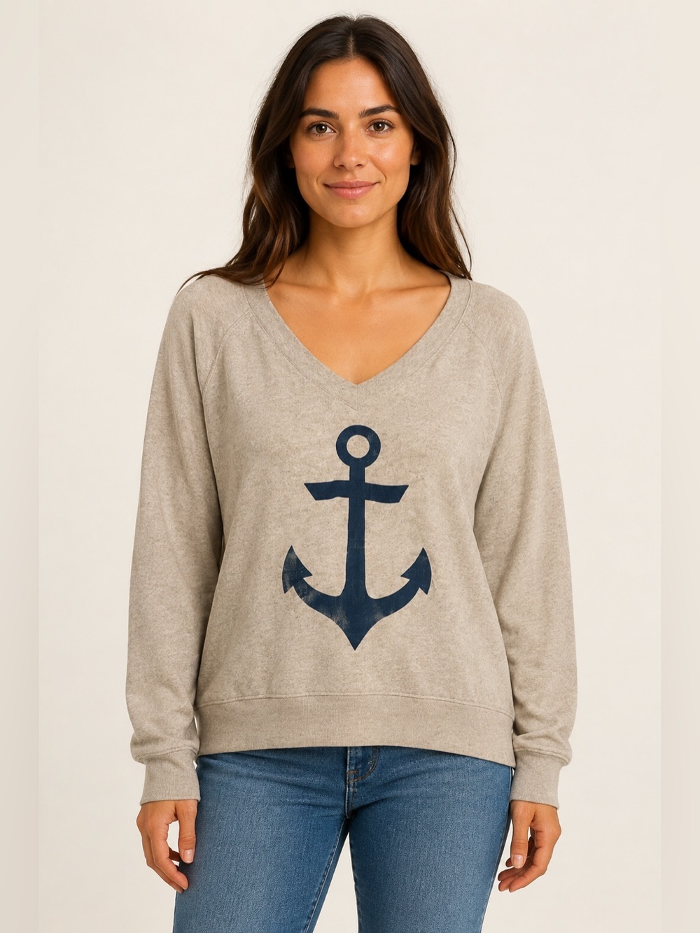 Ocean Drive Clothing Co Womens S Anchor Sweatshirt Beige V Neck Pullover